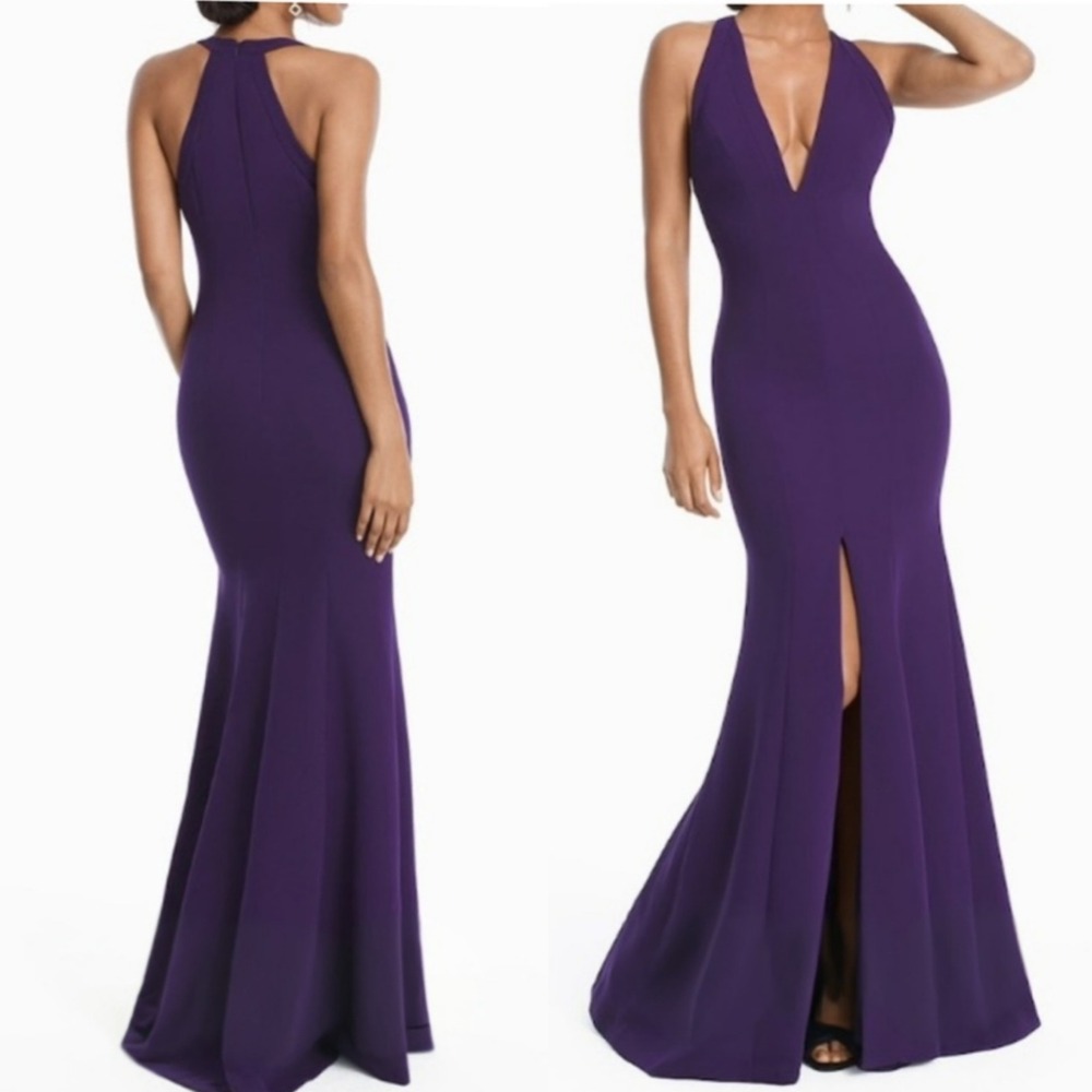 Carmen Marc Valvo Infusion Purple Halter Neck Deep V Neck Trumpet Gown Size 10